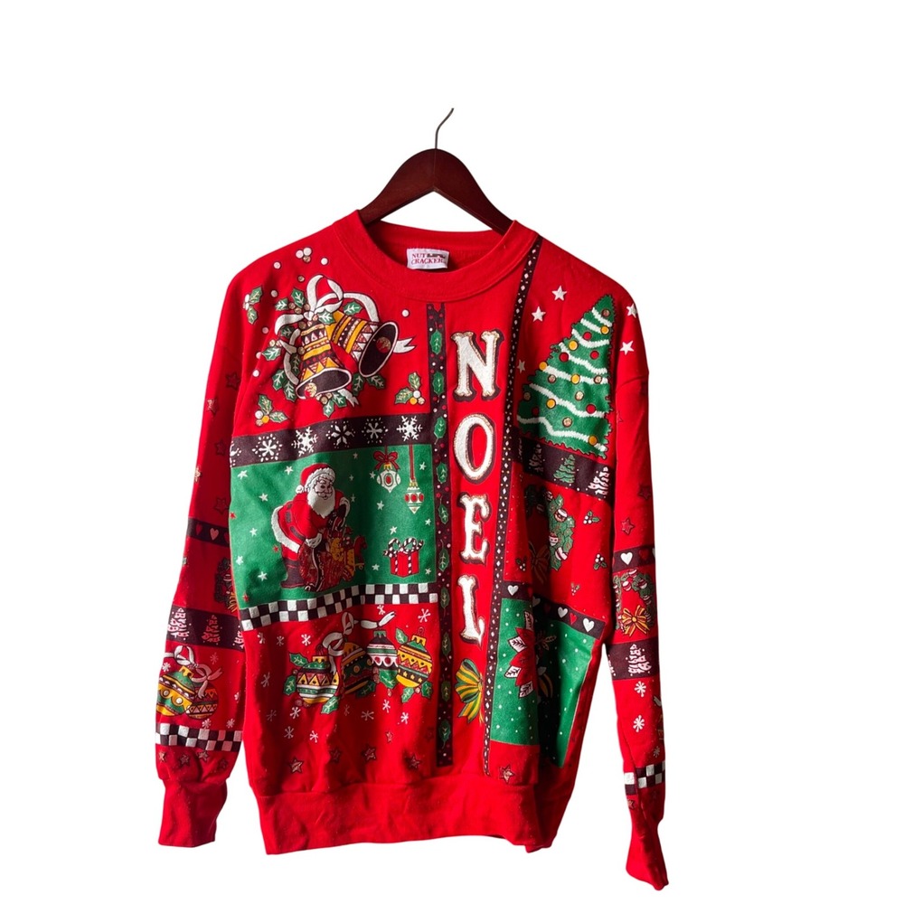 Vintage 1980s Christmas Sweatshirt Noel Santa Bells‎ Holiday Red Large